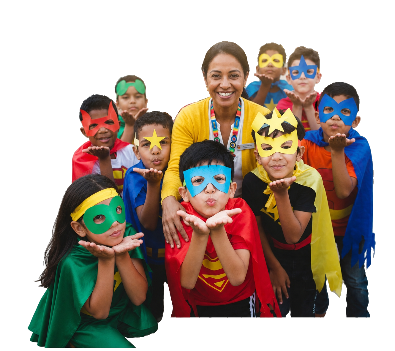 Teacher with students dressed as superheroes