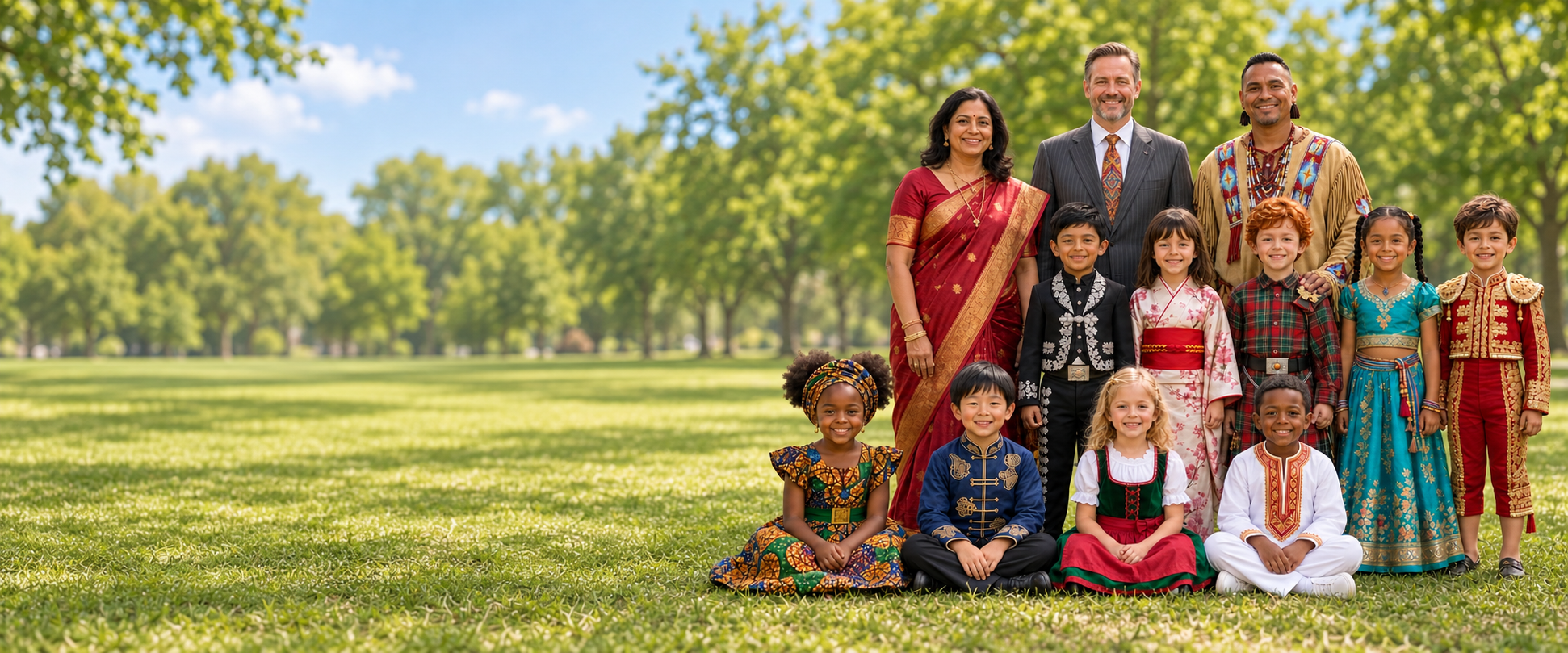 Children and adults smiling together outdoors in colorful traditional clothing.