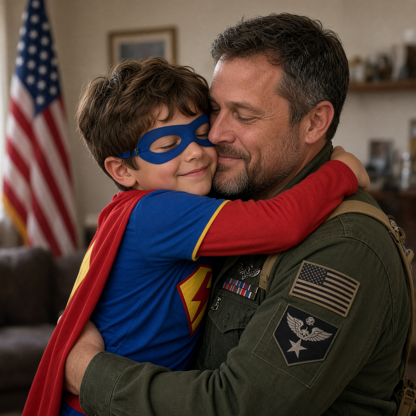 Veteran embracing his child dressed as a superhero